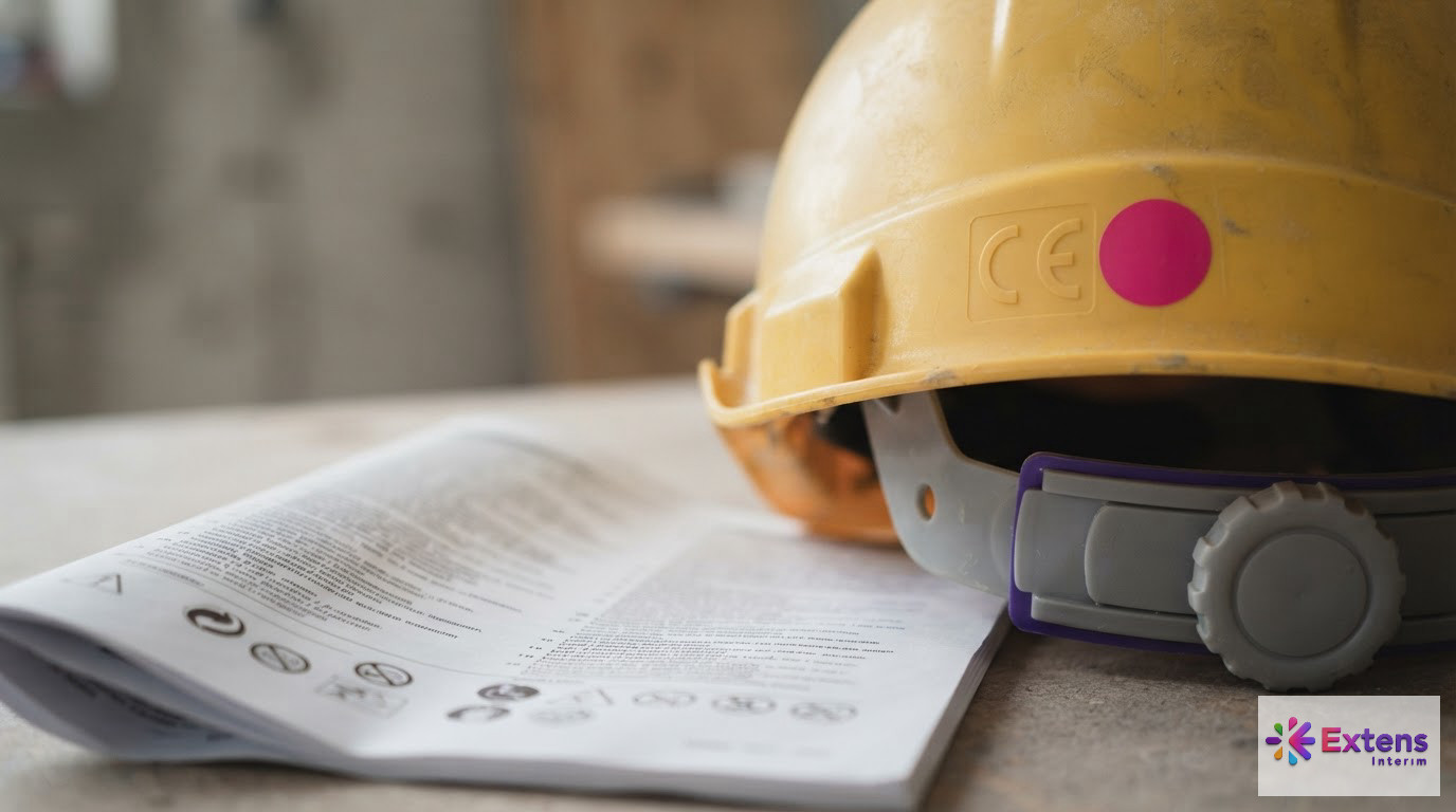 Marquage CE sur un casque de sécurité accompagné d'une notice multilingue.