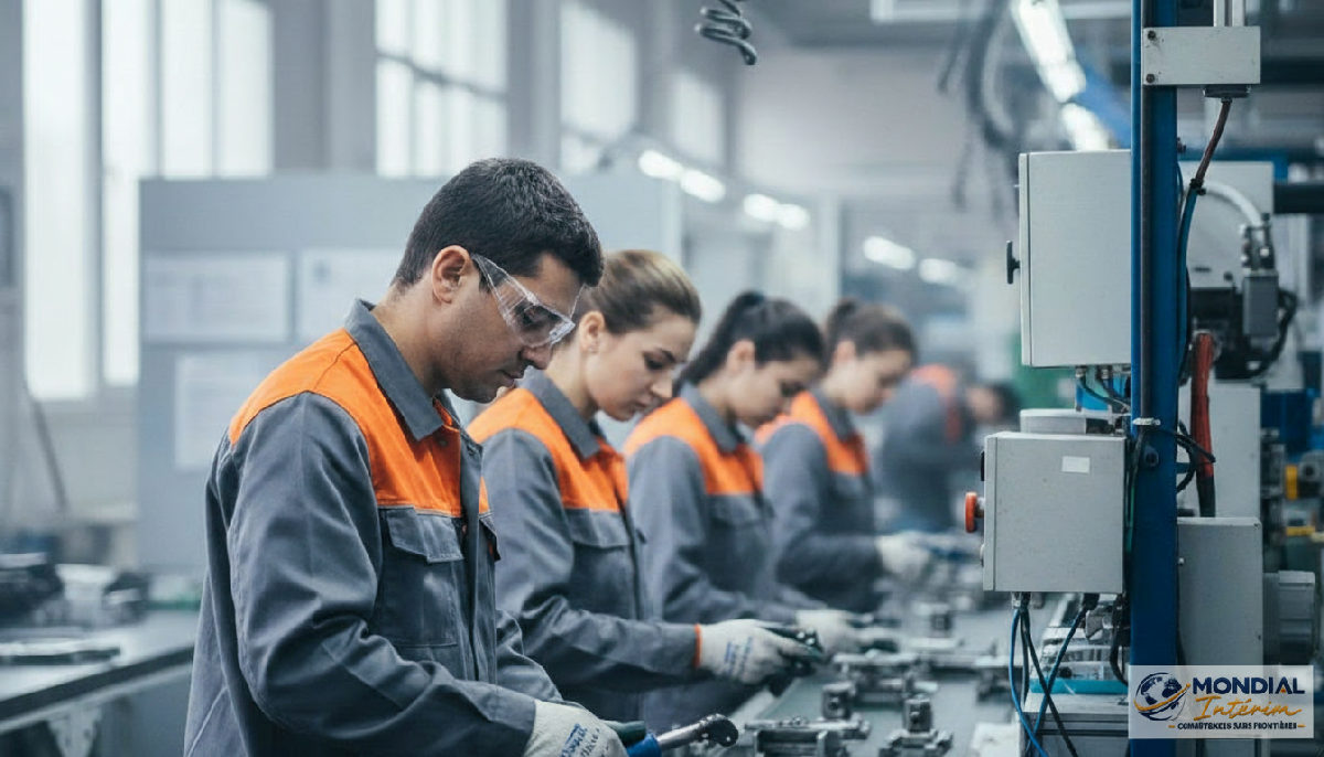 Ouvriers roumains qualifiés travaillant sur une chaîne de montage industrielle.