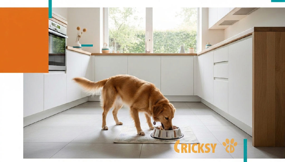 Gesunder Hund frisst genüsslich in heller Küche.
