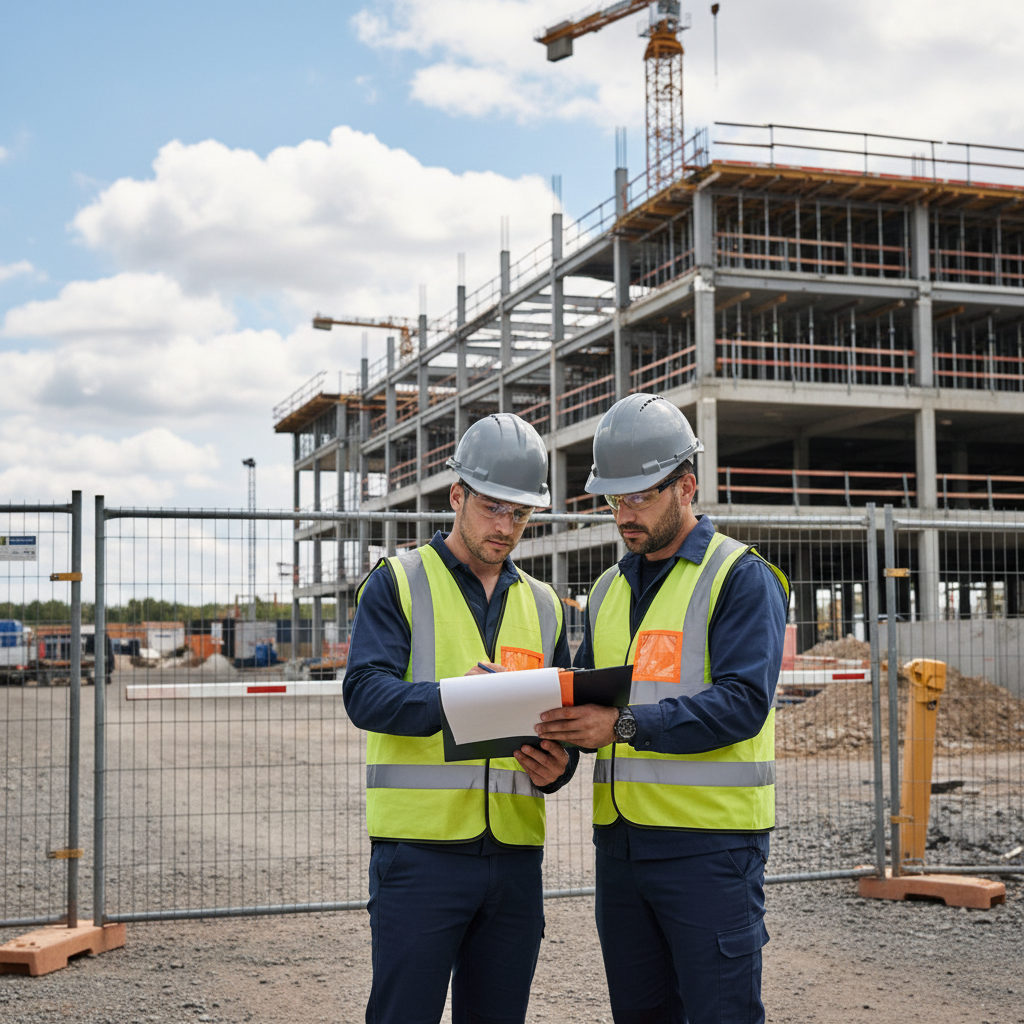 Un agent de contrôle vérifiant des documents de conformité SIPSI sur un chantier de construction sécurisé par Ace Interim.