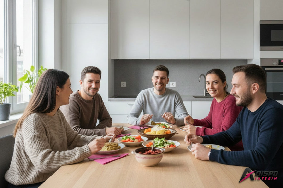 Travailleurs roumains partageant un repas dans une cuisine moderne.
