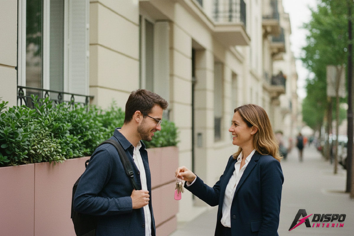 Un responsable RH remet les clés à un employé roumain à Lyon.