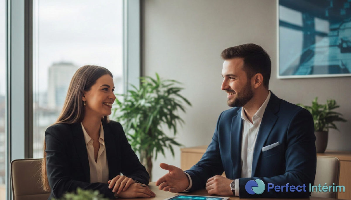 Consultant et candidat roumain discutant au bureau.