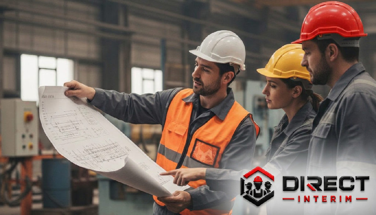 Chef de chantier présentant un document A1 à une équipe industrielle.