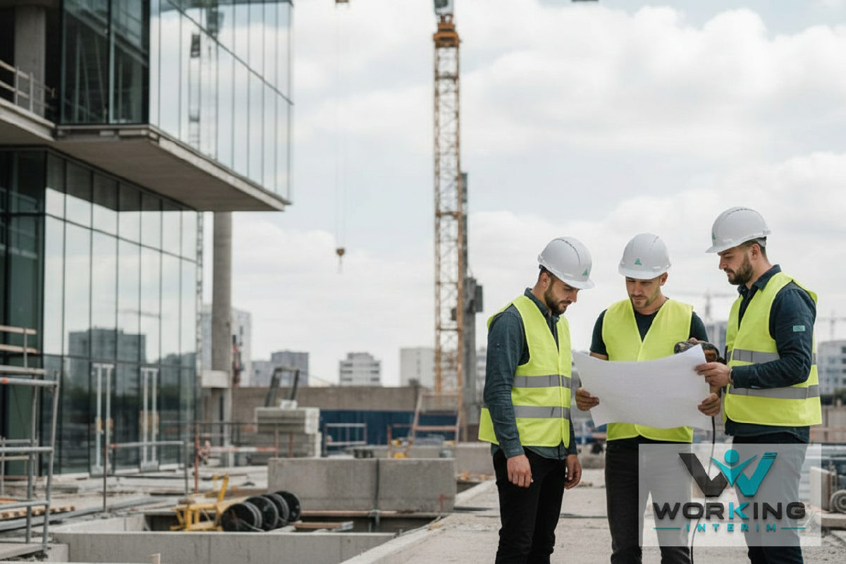 quelle agence intérim pologne choisir - Ouvriers polonais qualifiés sur un chantier de construction moderne en France.