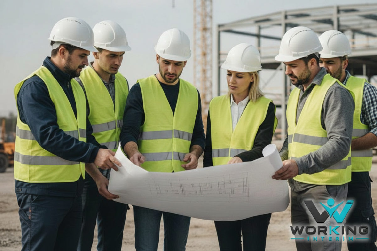 Équipe mixte franco-polonaise échangeant sur un plan de construction.