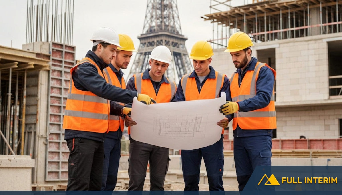 avantages recrutement Roumanie personnel - Ouvriers roumains sur un chantier français discutant des plans.