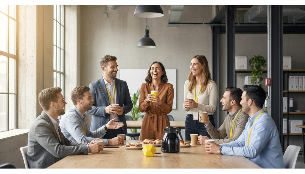 Équipe diverse partageant un moment de convivialité au travail.