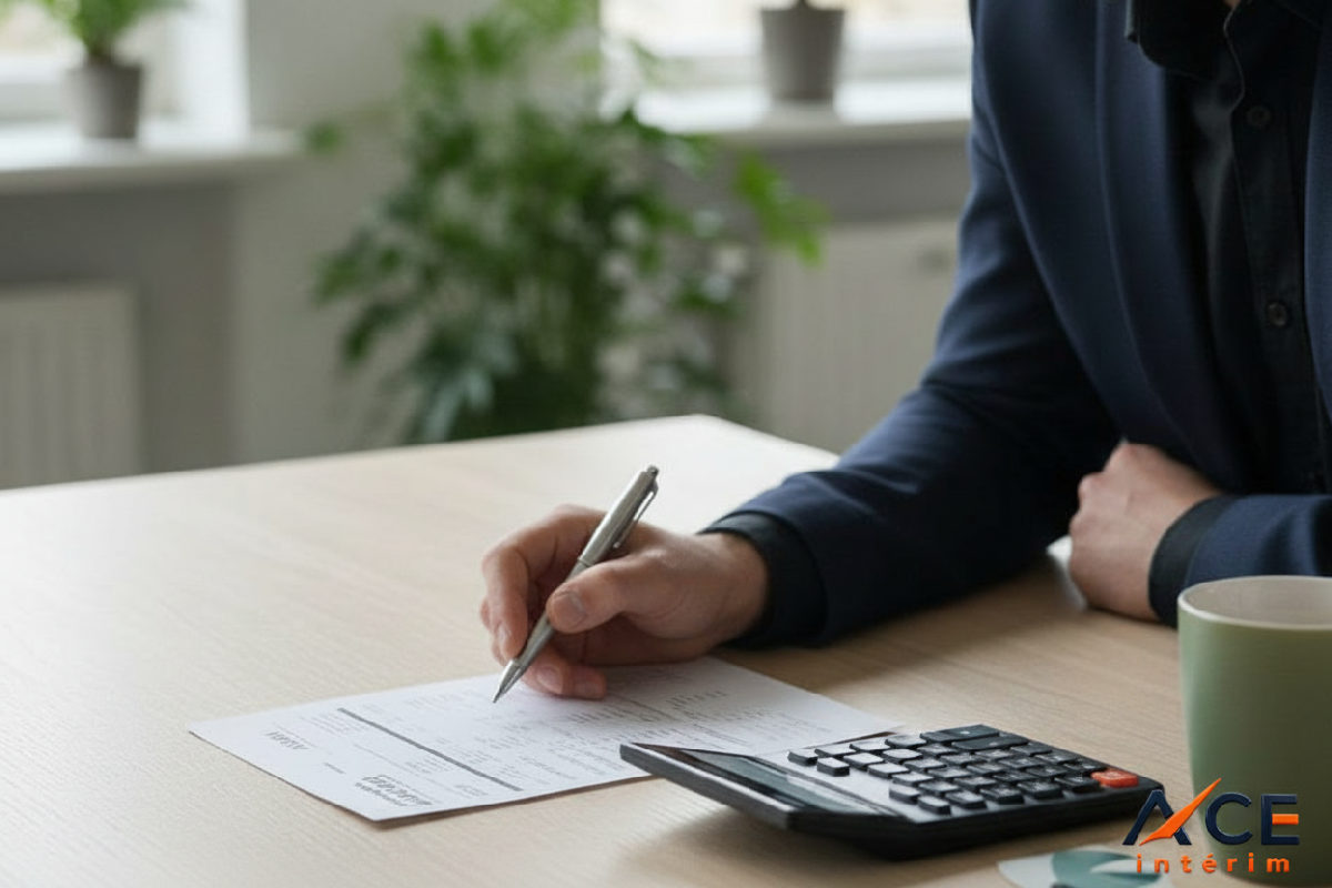 lecture fiche de paie salariés logistique détachés - Un RH analyse une fiche de paie sur un bureau avec une calculatrice.