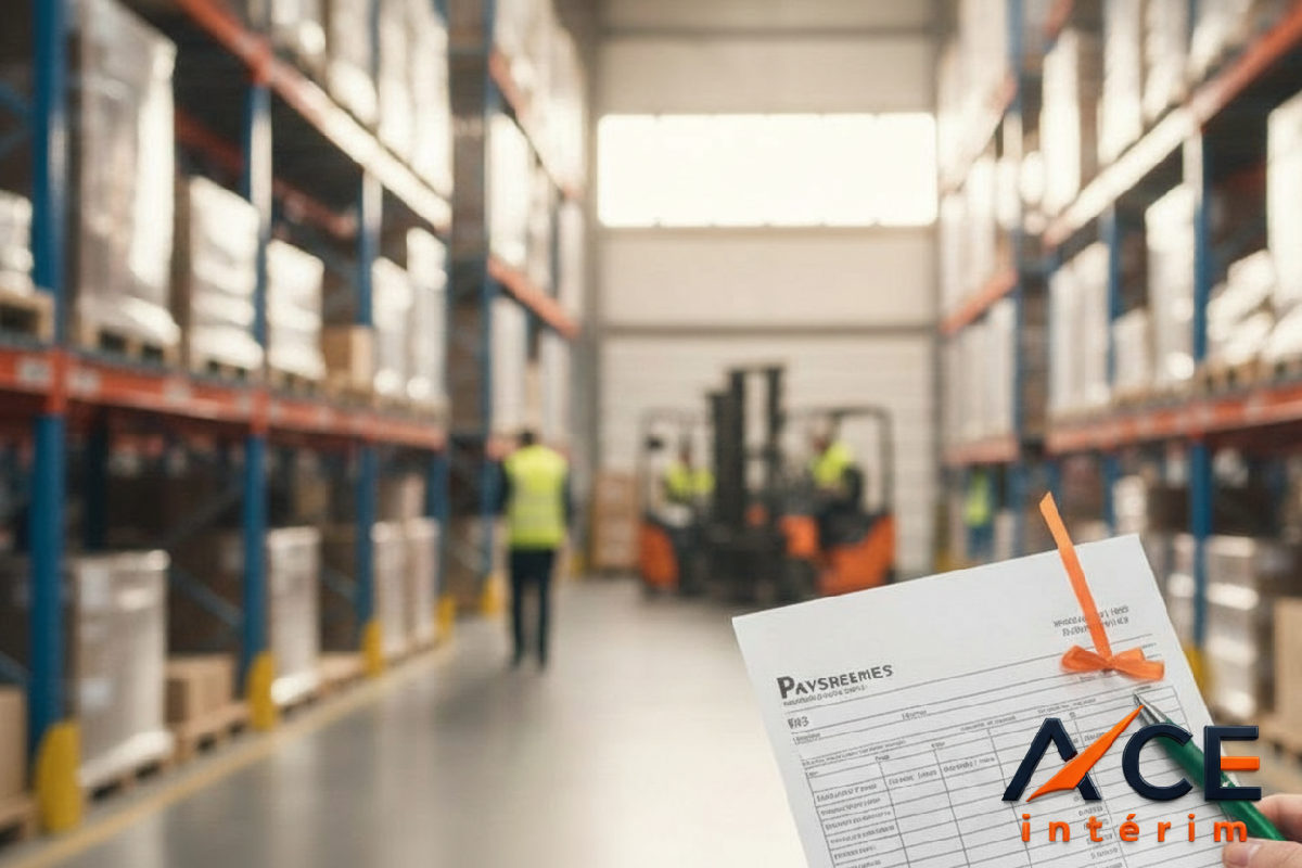 Fiche de paie devant un entrepôt logistique moderne.