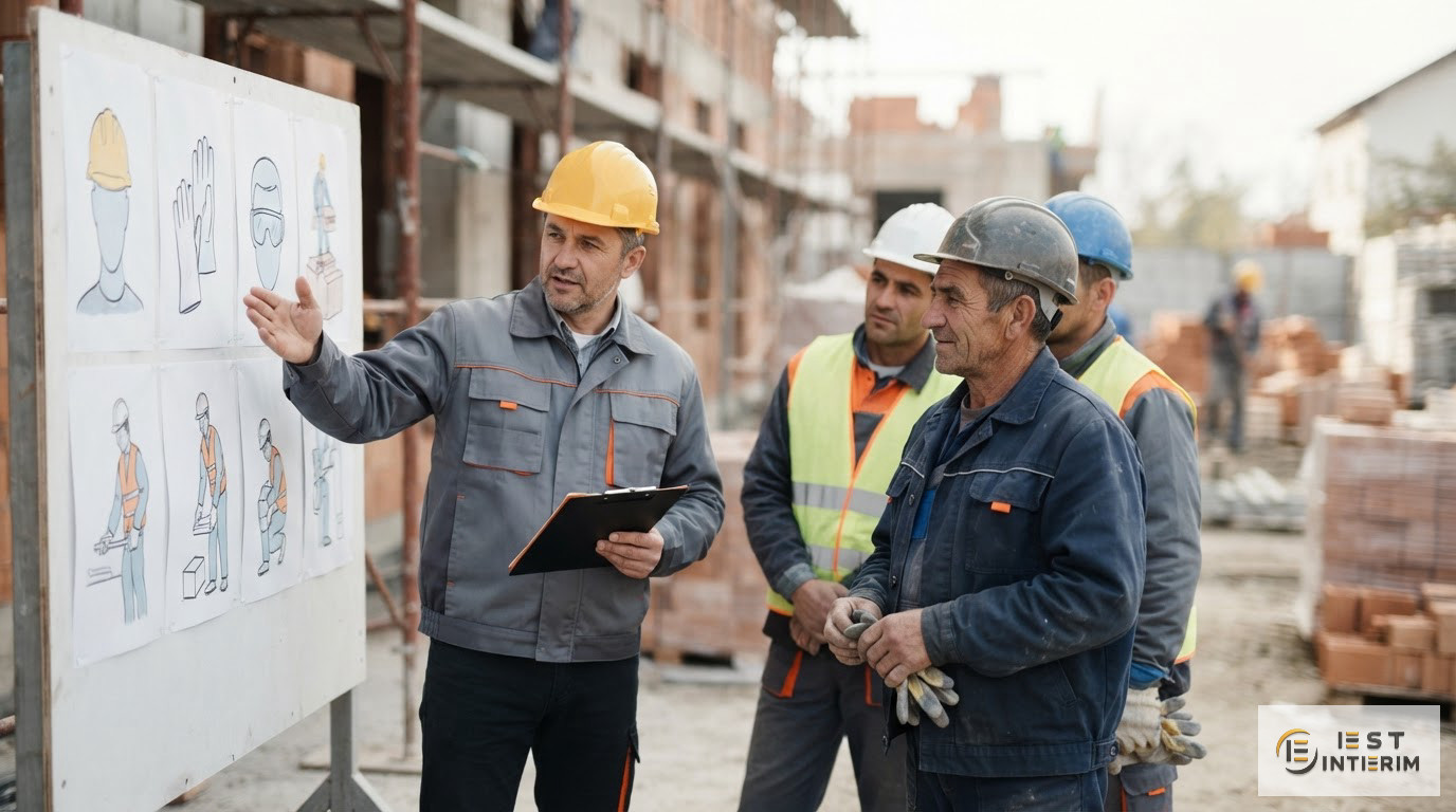 Chef de chantier donnant des consignes à des ouvriers roumains.