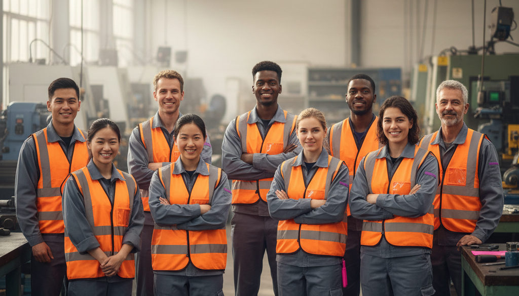 Équipe internationale de travailleurs industriels dans un atelier.