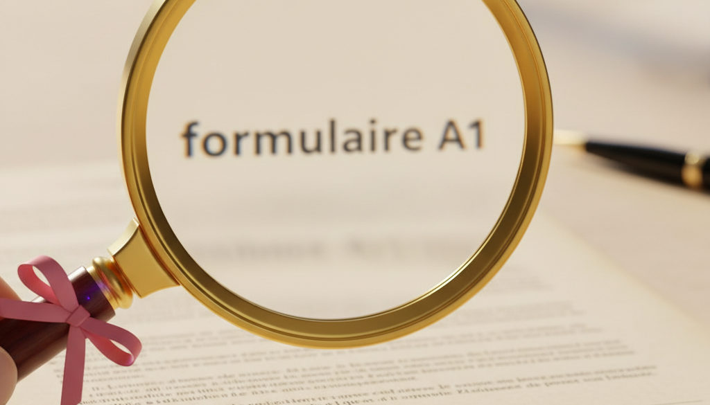 Loupe examinant un document juridique, soulignant la précision du formulaire A1.