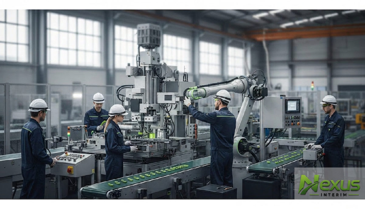 intérim industrie guide 2026 - Usine industrielle animée avec des machines high-tech et des ouvriers qualifiés.