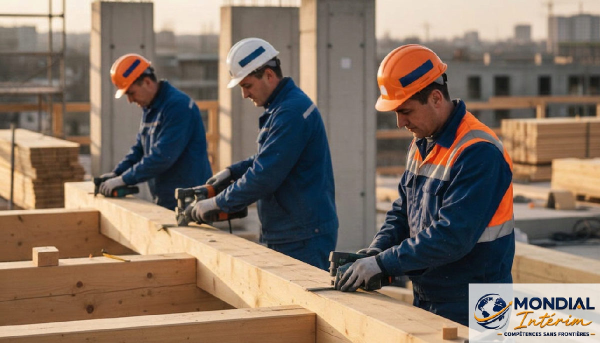 charpentiers roumains BTP avantages - Charpentiers roumains sur un chantier moderne construisant une structure complexe en bois.