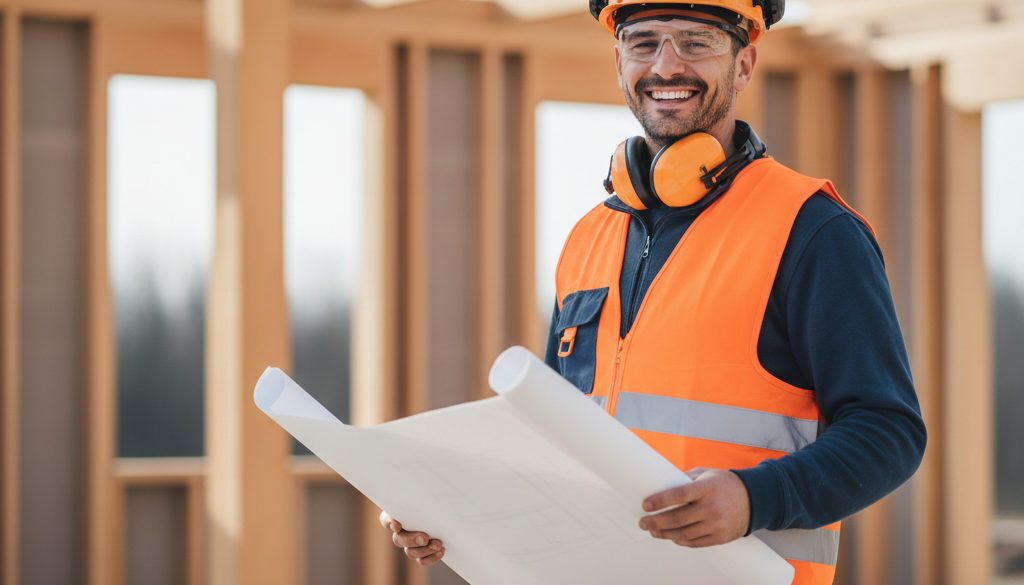 Portrait d'un charpentier roumain qualifié avec équipement de sécurité et plan.