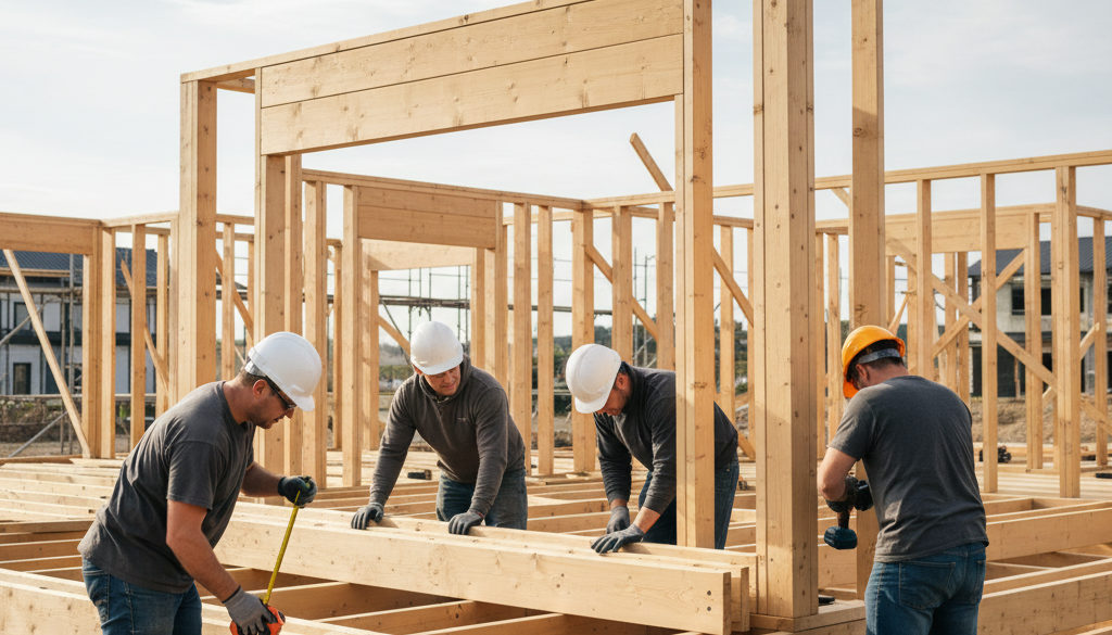 Équipe de charpentiers collaborant sur un grand projet résidentiel en bois.