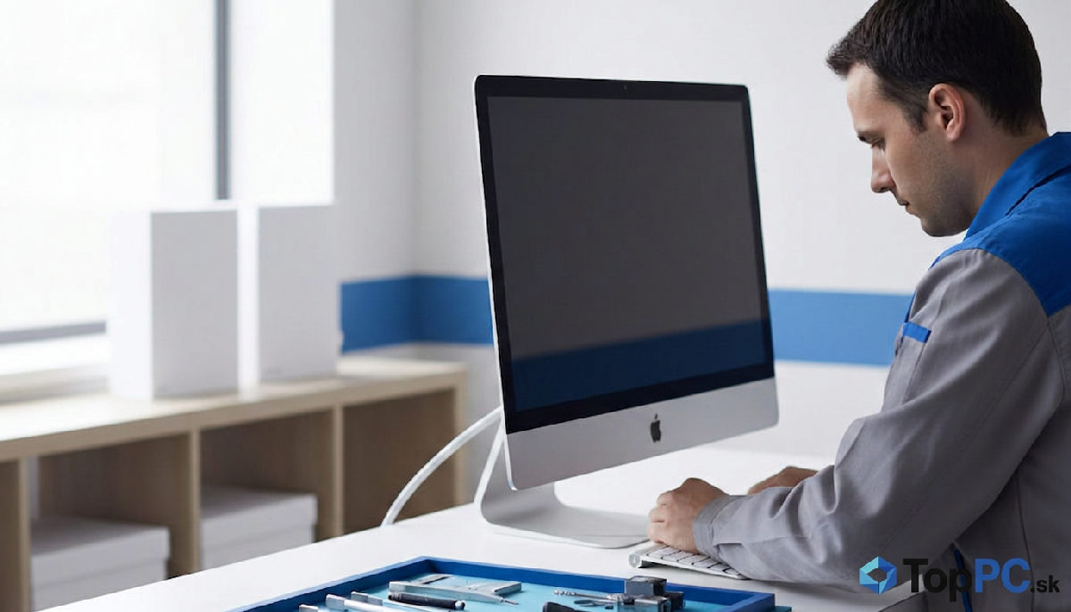 Technik vykonáva údržbu iMacu 4K v čistom prostredí.