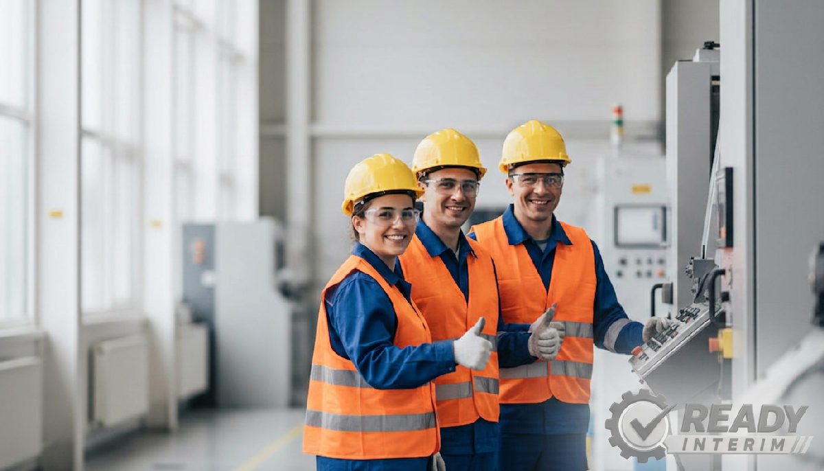Travailleurs roumains souriants dans un environnement de travail moderne et sûr.
