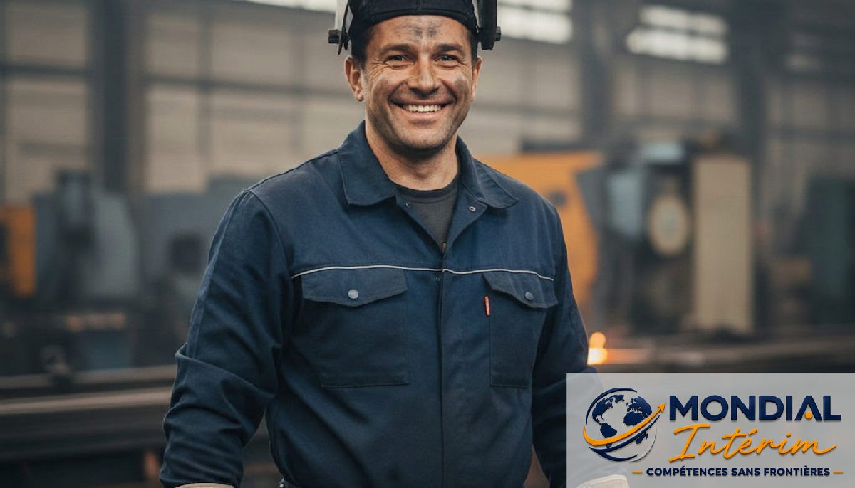 Soudeur industriel roumain professionnel souriant, équipement de protection.