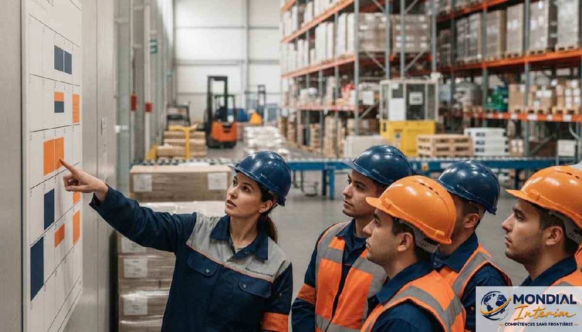 Chef de projet et intérimaires roumains dans un entrepôt logistique.