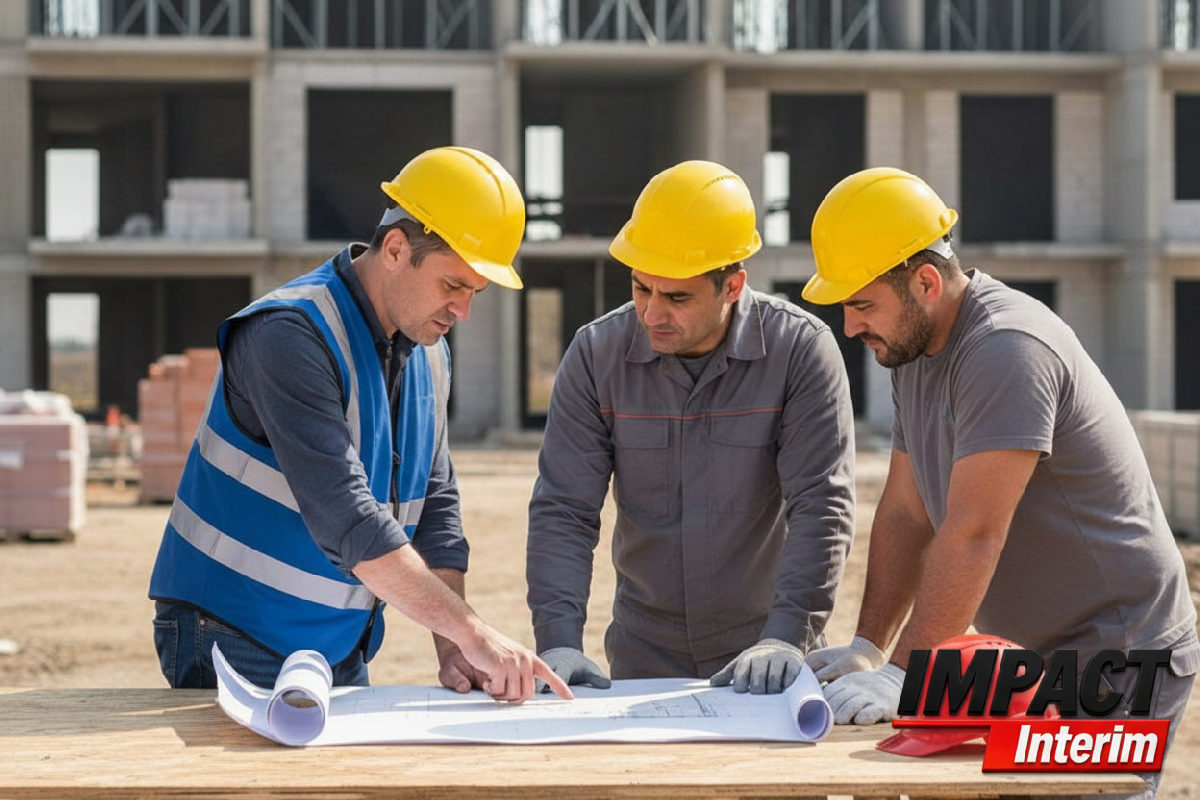 Équipe de maçons roumains et manager français sur chantier.