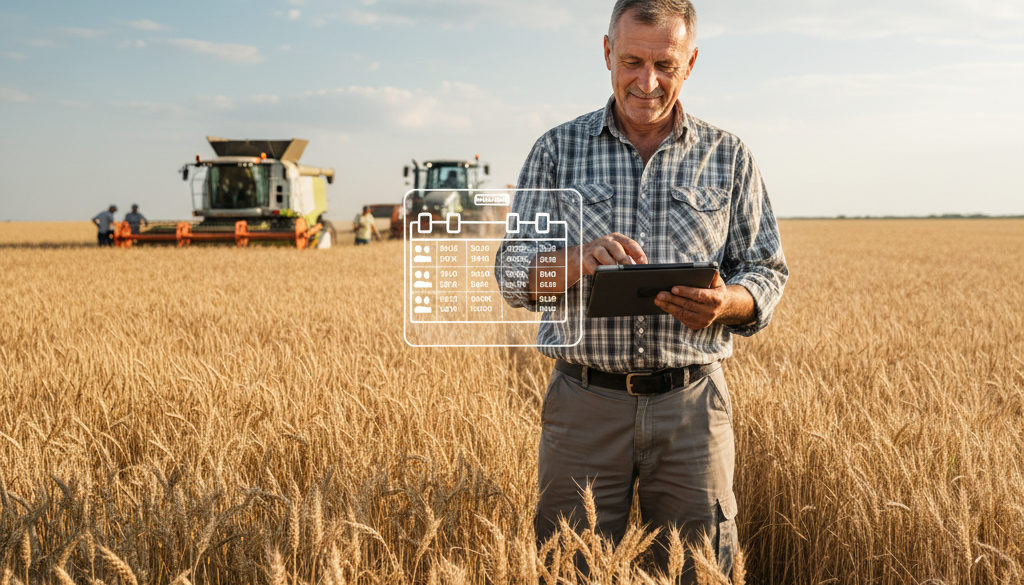 gestion personnel agricole roumain – Agriculteur roumain avec une tablette dans un champ de blé.