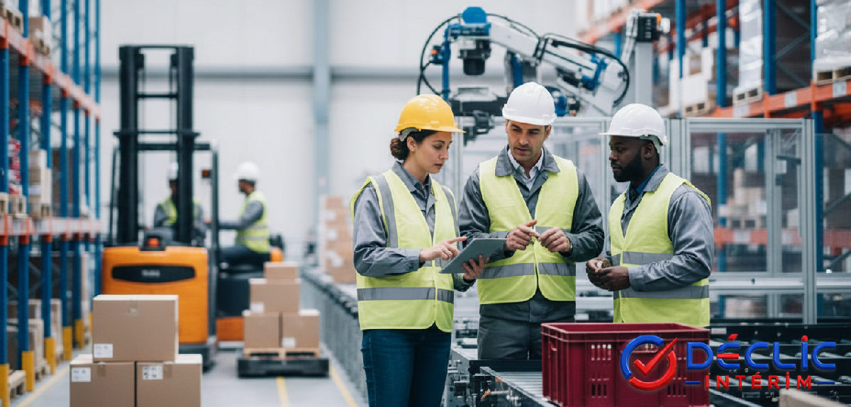 Équipe logistique dans un entrepôt automatisé, recrutement franco-roumain.