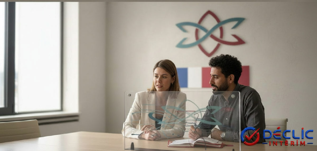 Bureau de recrutement moderne : collaboration France-Roumanie, logo Déclic Intérim.