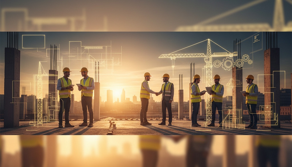 Travailleurs de la construction posant des matériaux sur un nouveau bâtiment.