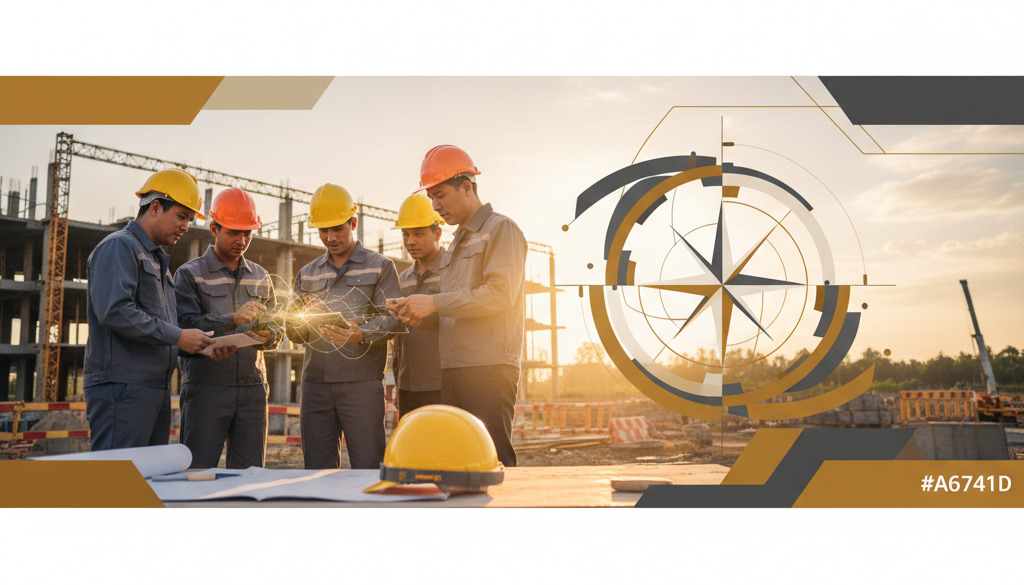 Groupe de travailleurs du bâtiment discutant sur un site de construction.