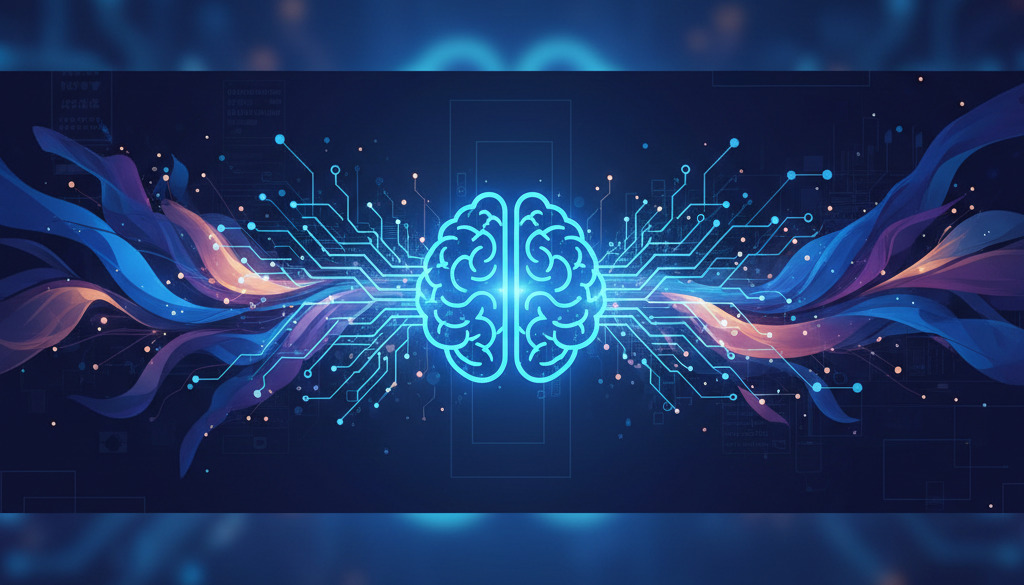 Human creativity and AI merging, represented by a glowing brain and digital network.