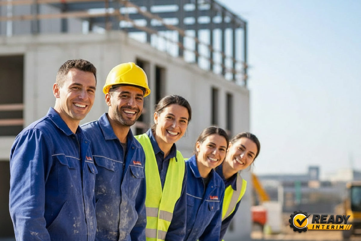 Travailleurs roumains souriants sur un chantier français, recrutement réussi.