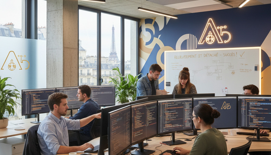recrutement IT travailleur détaché - Une équipe de développeurs dans un bureau moderne en France.