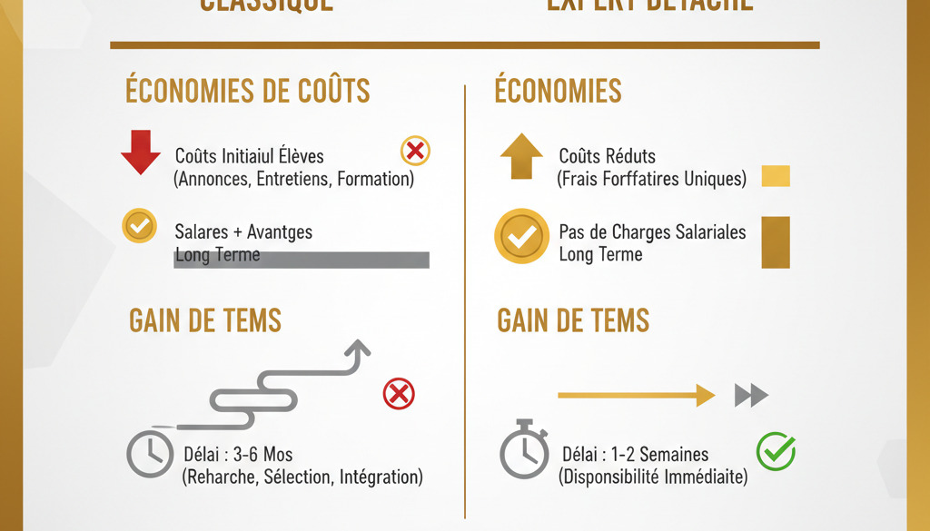 Graphique comparatif des coûts et délais entre recrutement classique et détaché.