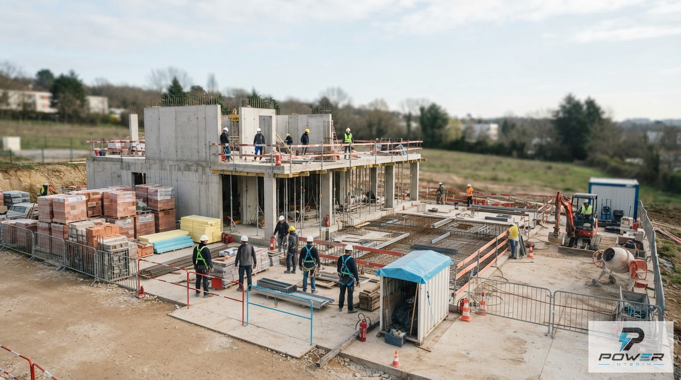 Vue aérienne d'un chantier organisé avec une équipe roumaine en pleine action.