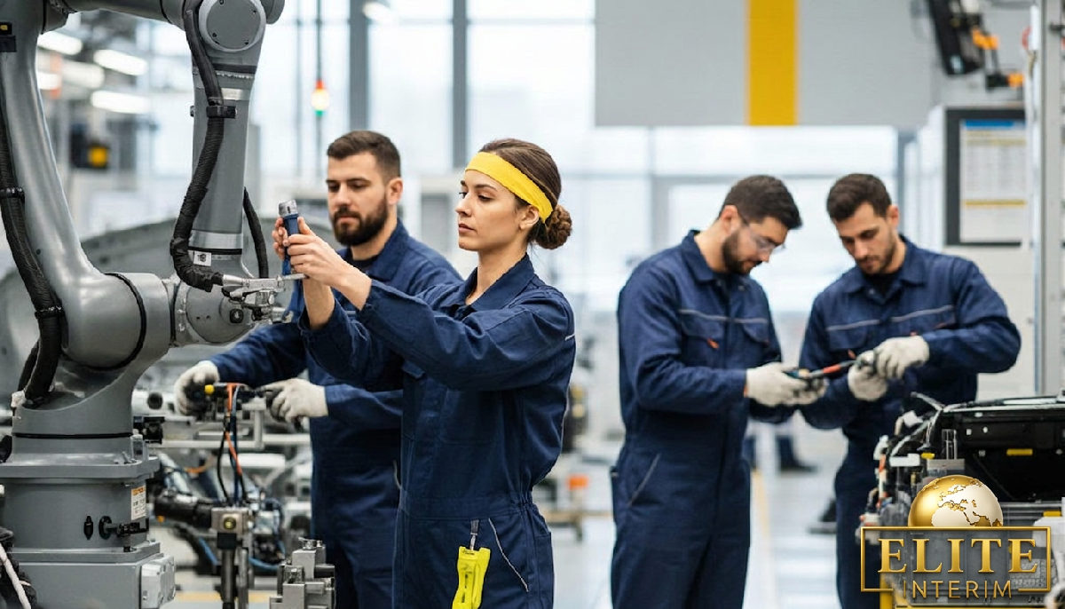 Techniciens roumains travaillant sur une ligne de production en France
