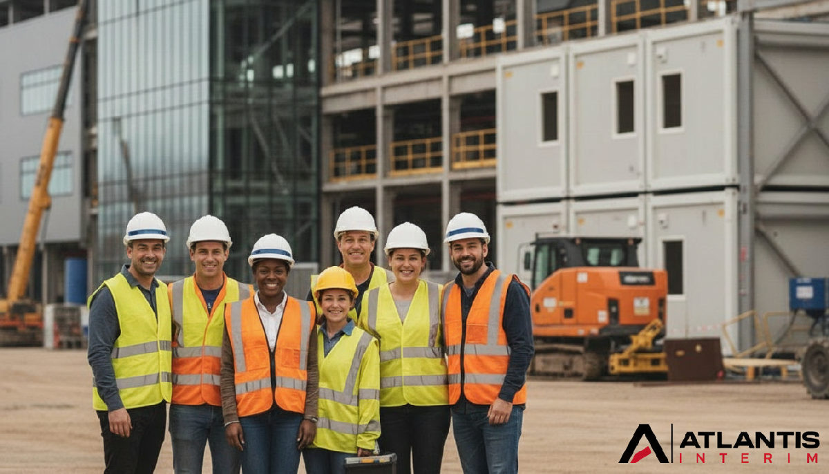 Équipe soudée et souriante sur un site industriel moderne.