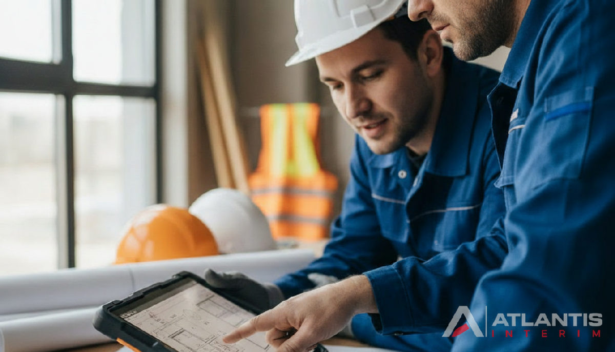 Ingénieur roumain et chef de chantier français analysant des plans sur tablette.