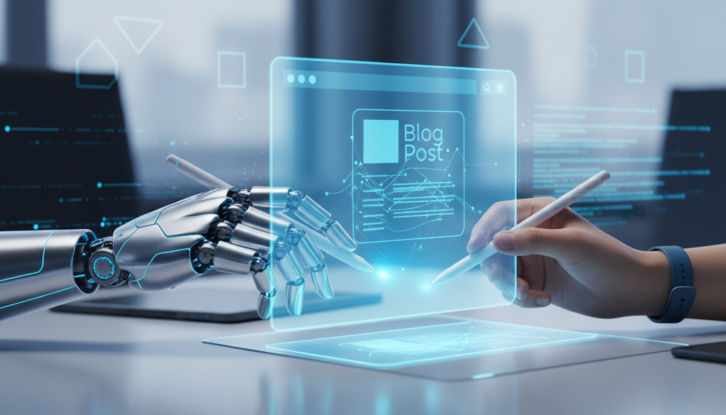 Mani di robot e umane che collaborano a un post del blog.