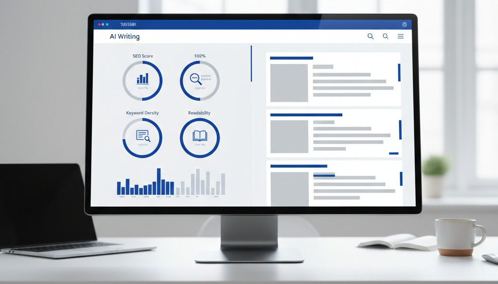 Dashboard di strumento di scrittura IA con metriche SEO e di leggibilità.