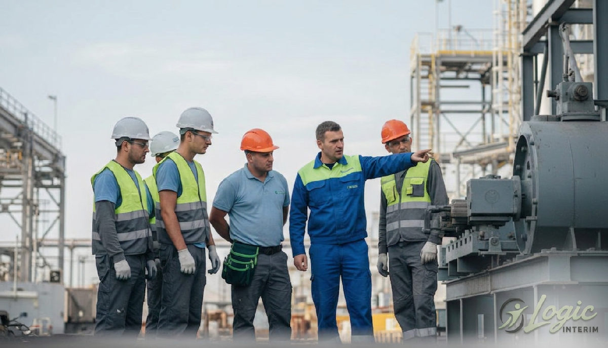 Travailleurs roumains sur un site industriel français avec un responsable Logic Interim.
