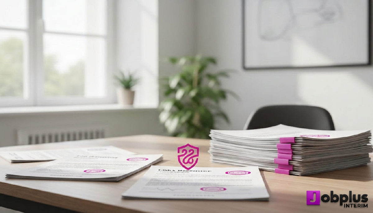 Bureau de recrutement avec documents de conformité et logo.