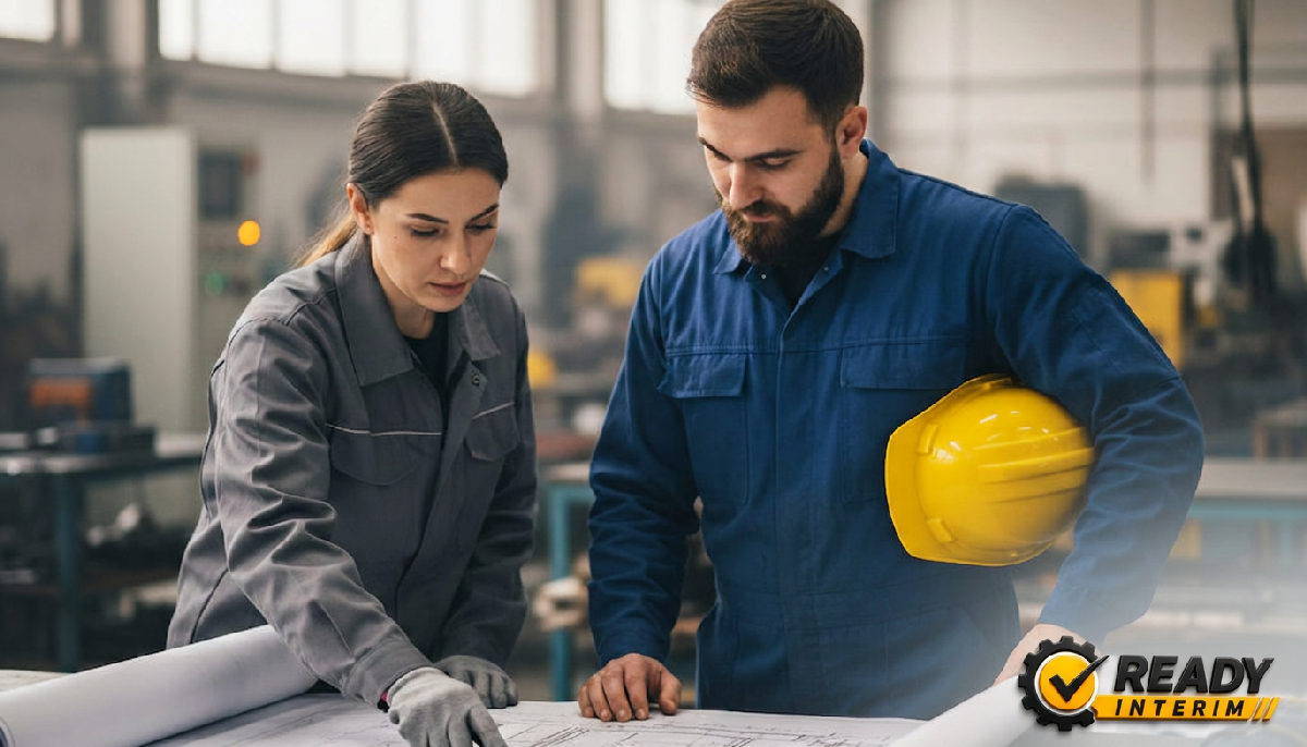 Superviseur et ouvrier roumain examinant des plans techniques.