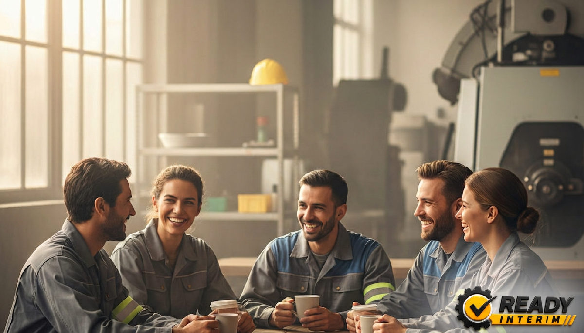 Équipe diversifiée d'ouvriers souriants, signe d'intégration réussie.