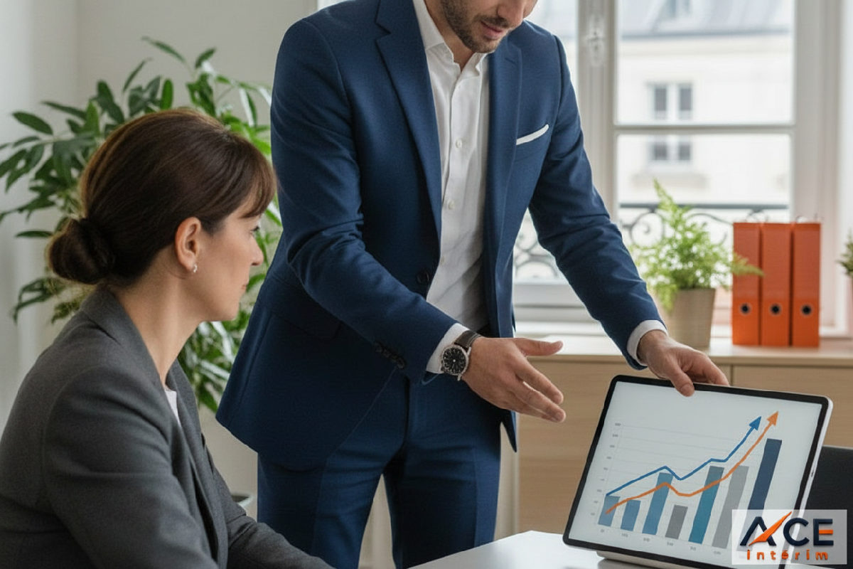 Consultant d'Ace Interim présentant une stratégie de renouvellement à un dirigeant français.