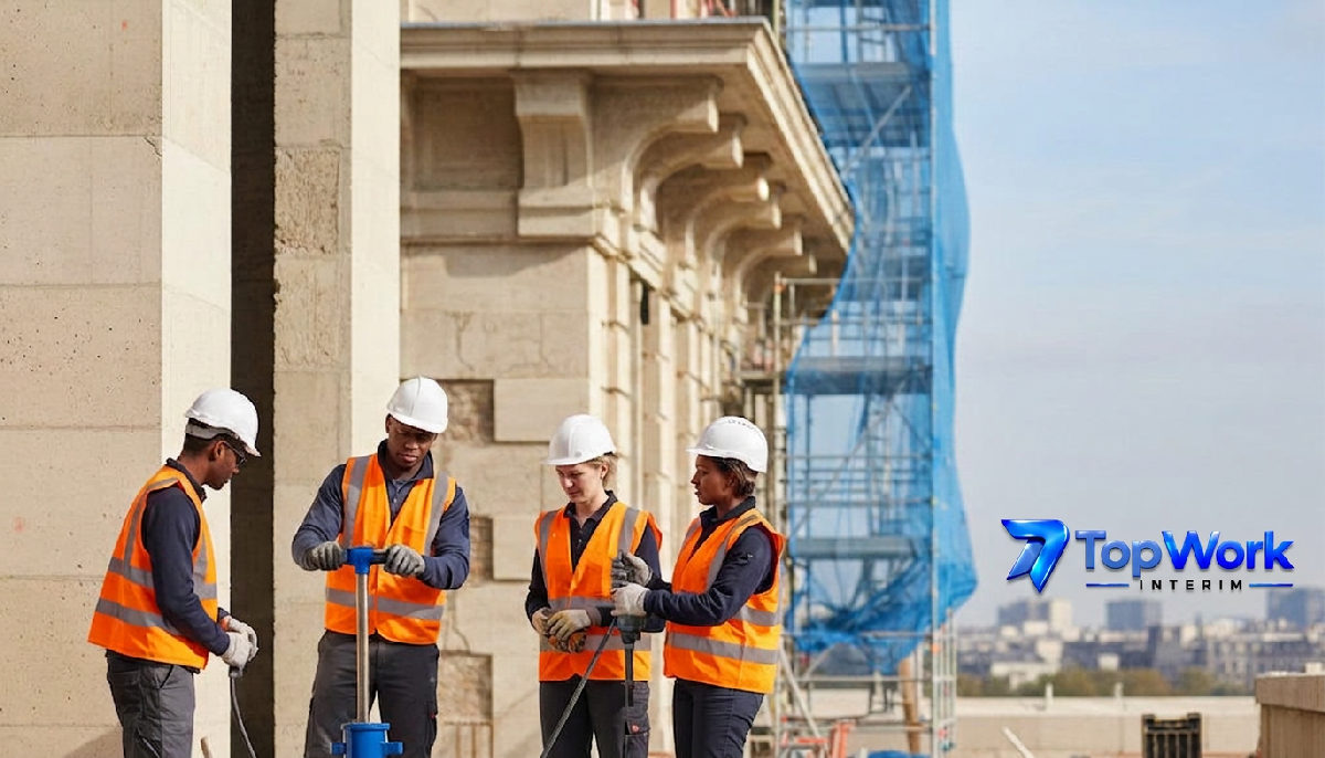 renforcer équipes fête nationale travailleurs roumains – Équipe diversifiée sur un chantier français ensoleillé.