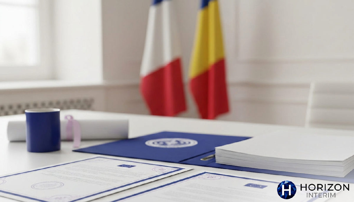 certificat A1 – Bureau avec documents européens, drapeaux français et roumain.