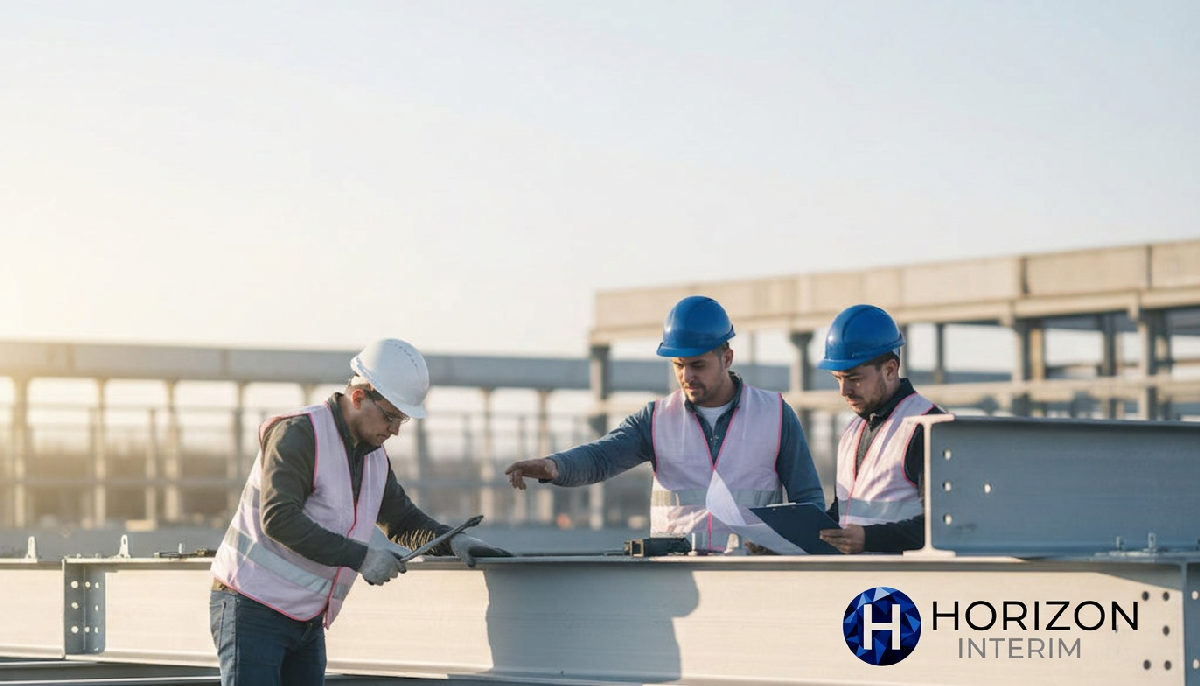 Chantier de construction avec ouvriers roumains qualifiés.