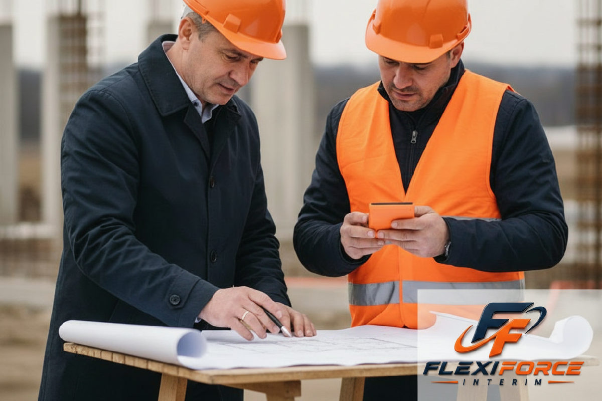 comment calculer coût ouvrier roumain détaché - Chef de chantier et ouvrier roumain discutant des plans sur site.